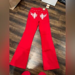 Red Flared Jeans with Embroidered Pockets